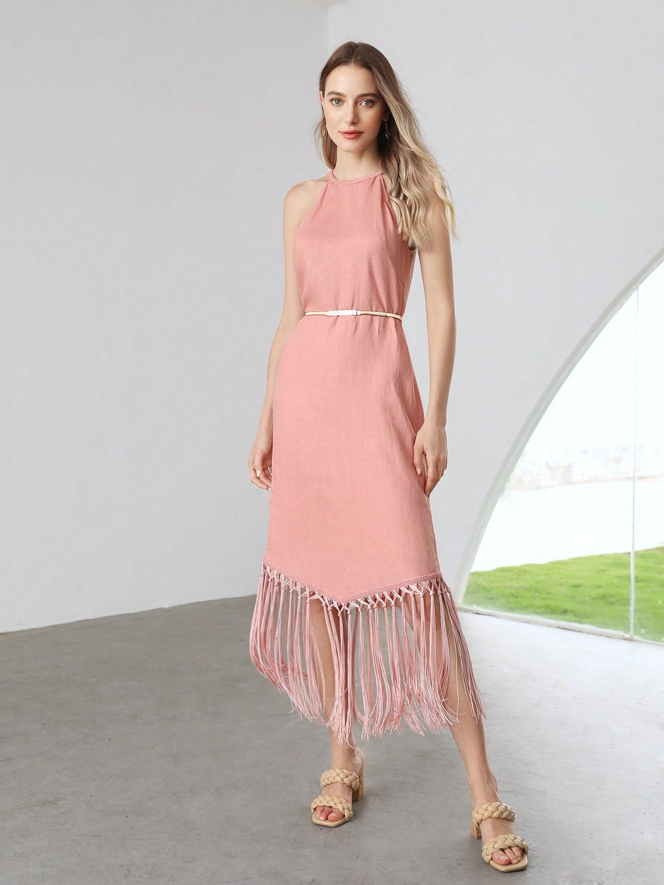MOTF X Nour PREMIUM PURE LINEN FRINGE HALTER DRESS without BELT