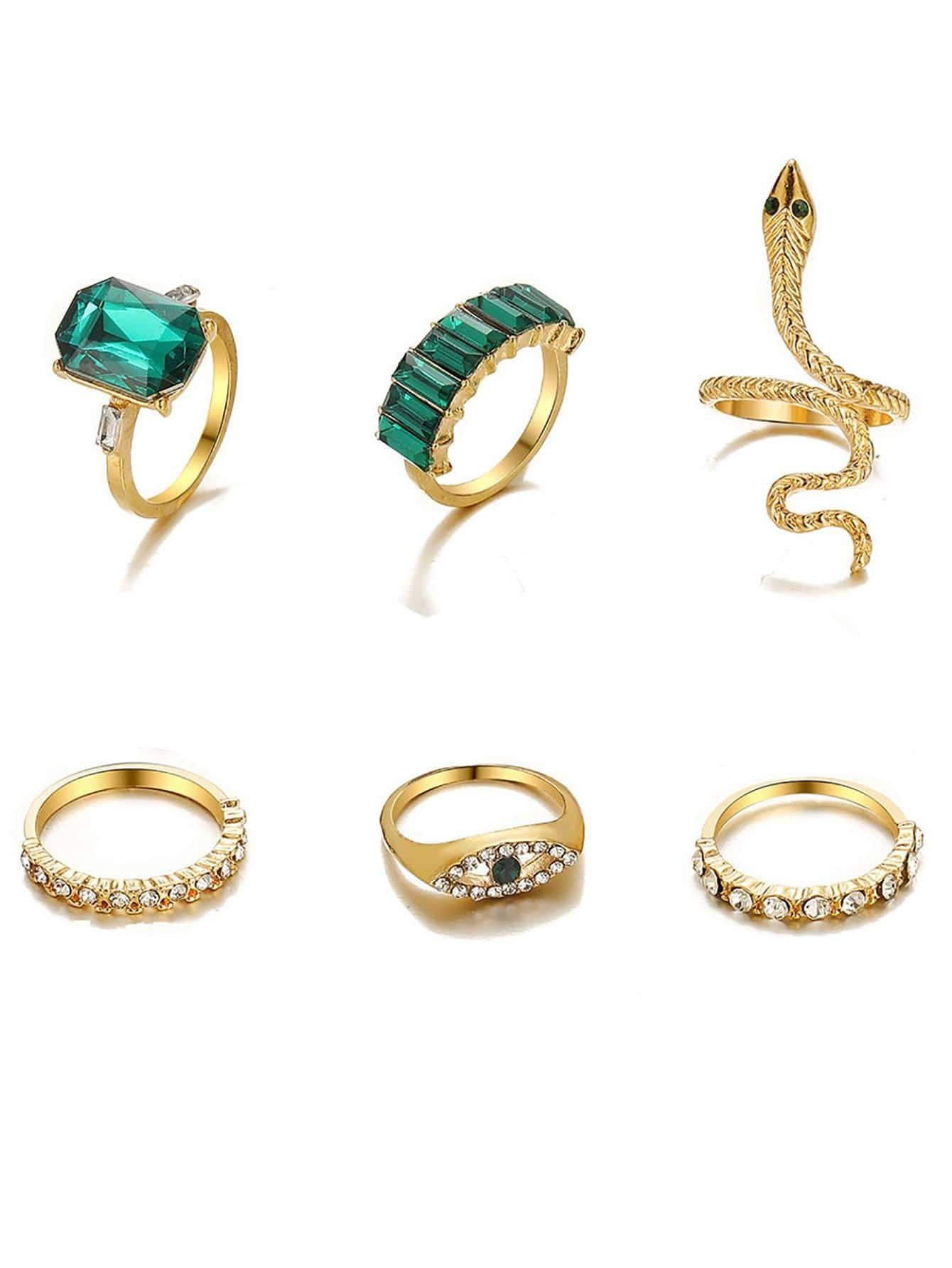 6Pcs/Set Vintage Snake Geometry Design Green Rhinestone Inlaid Ring Set for Women'S Jewelry