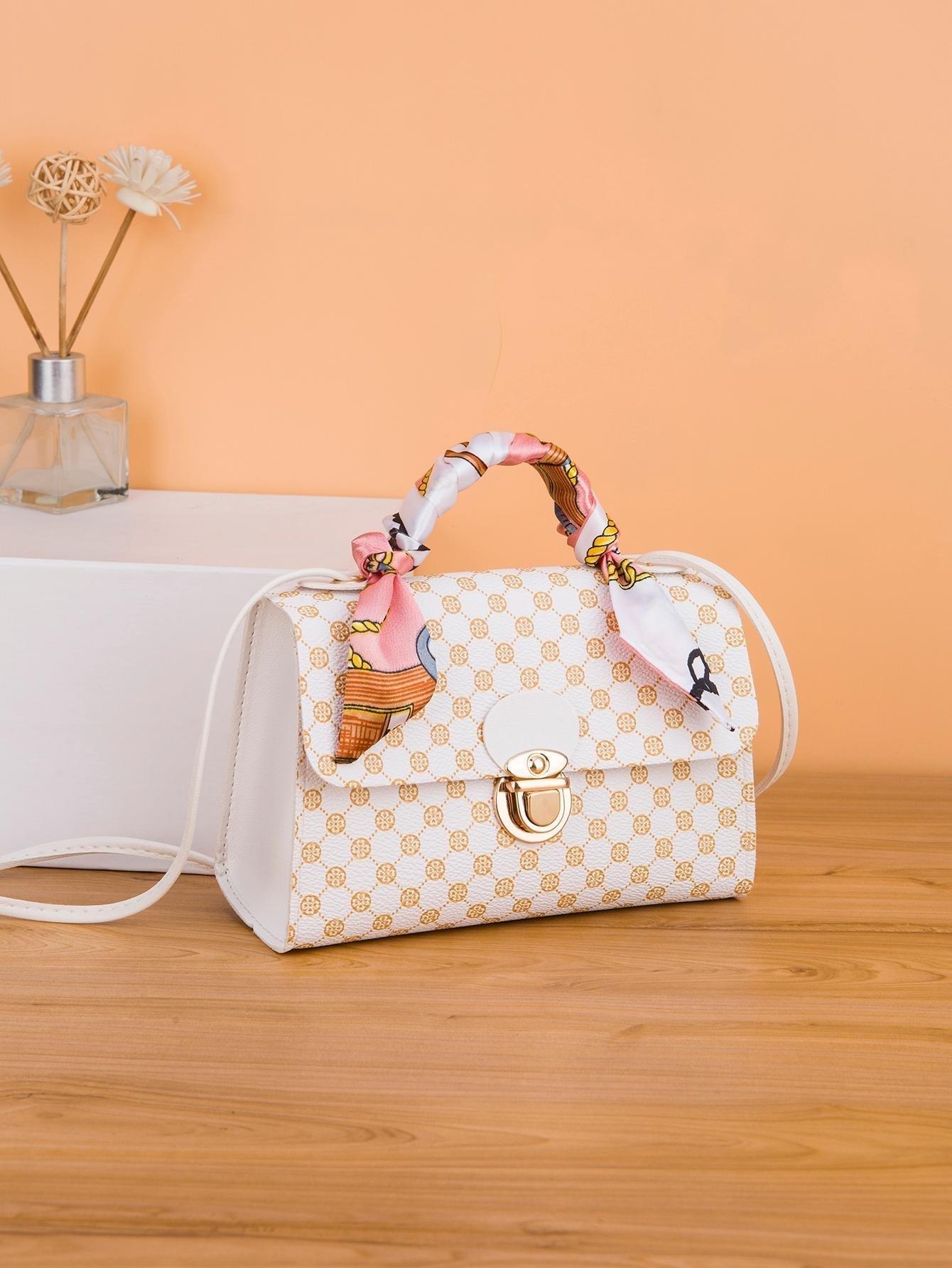 Waterproof Trendy Geometric Pattern Twilly Scarf Decor Flap Square Bag Push Lock Portable for Women
