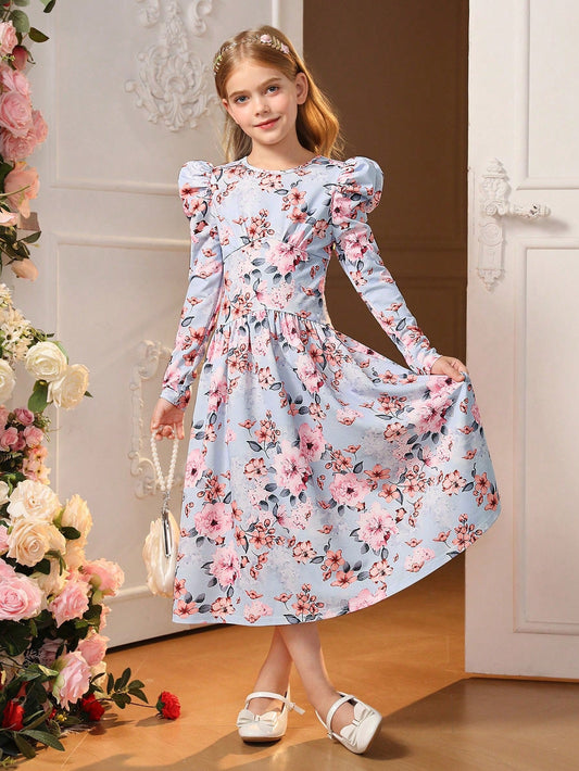 SHEIN Tween Girl Floral Print Gigot Sleeve Dress