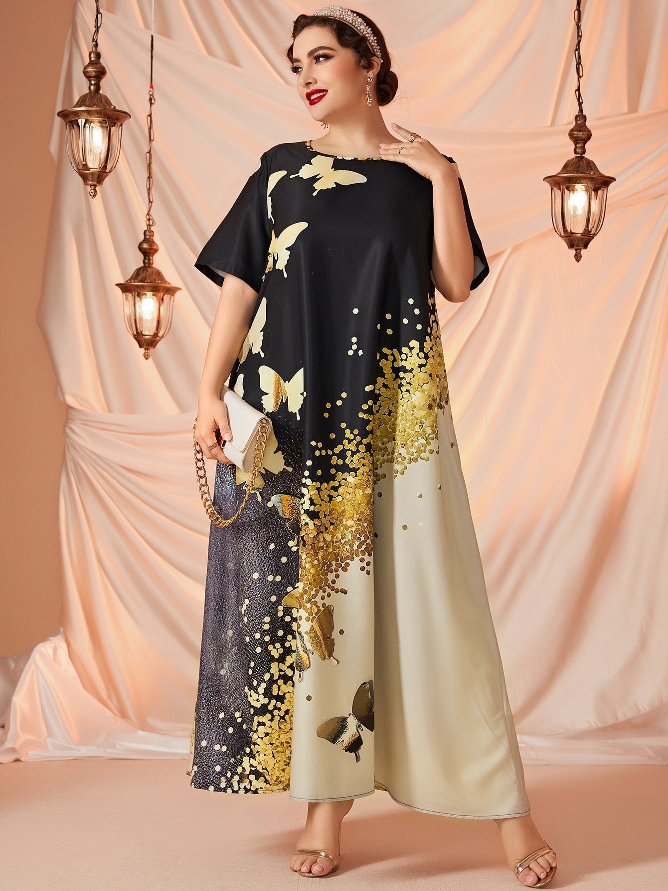 SHEIN Najma plus Gold Butterfly Print Maxi Tunic Dress