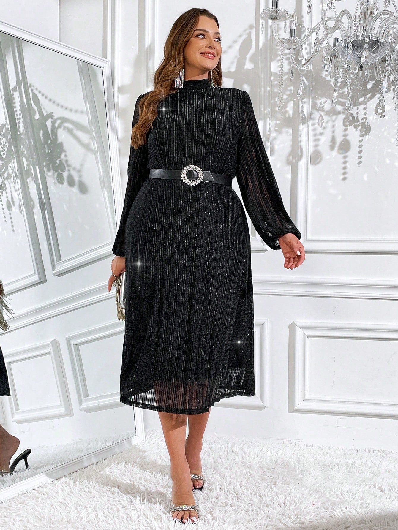 SHEIN Clasi Women'S plus Size Stand Collar Lantern Sleeve Metallic Lurex Dress