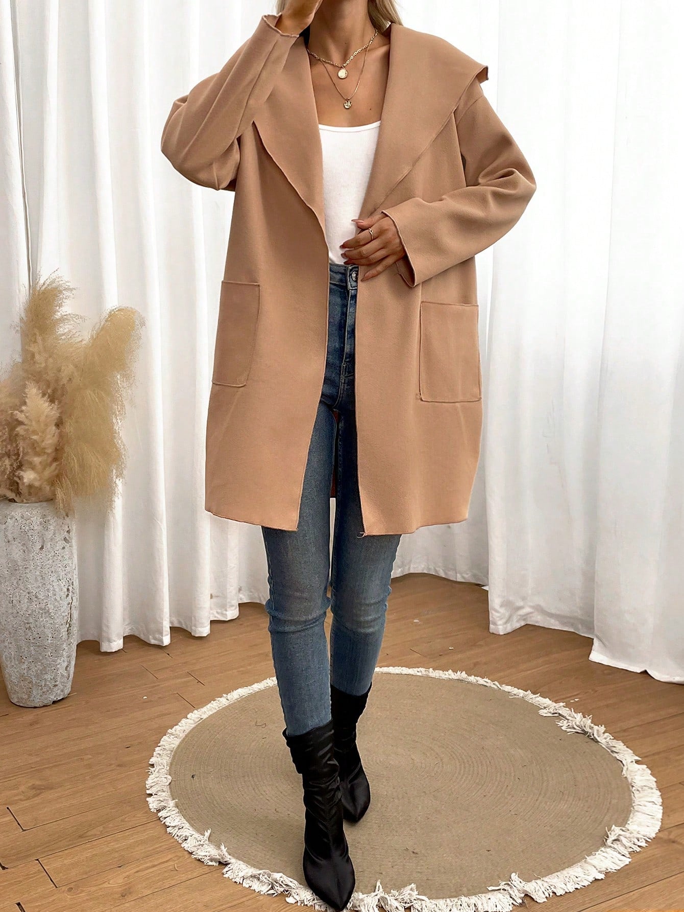 SHEIN Essnce Waterfall Collar Dual Pocket Open Front Overcoat