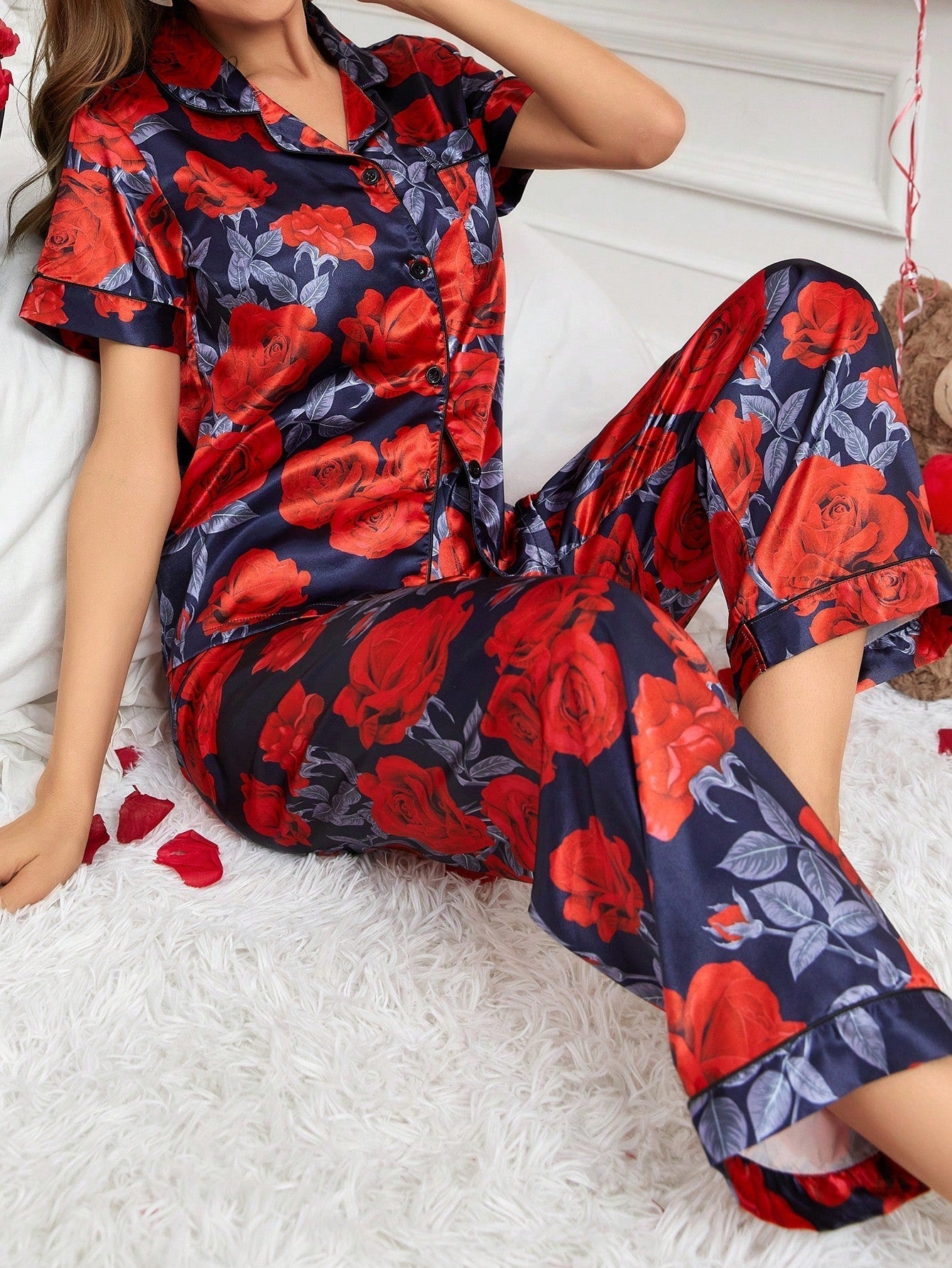 Ladies' Floral Printed Short Sleeve Shirt and Long Pants Pajama Set