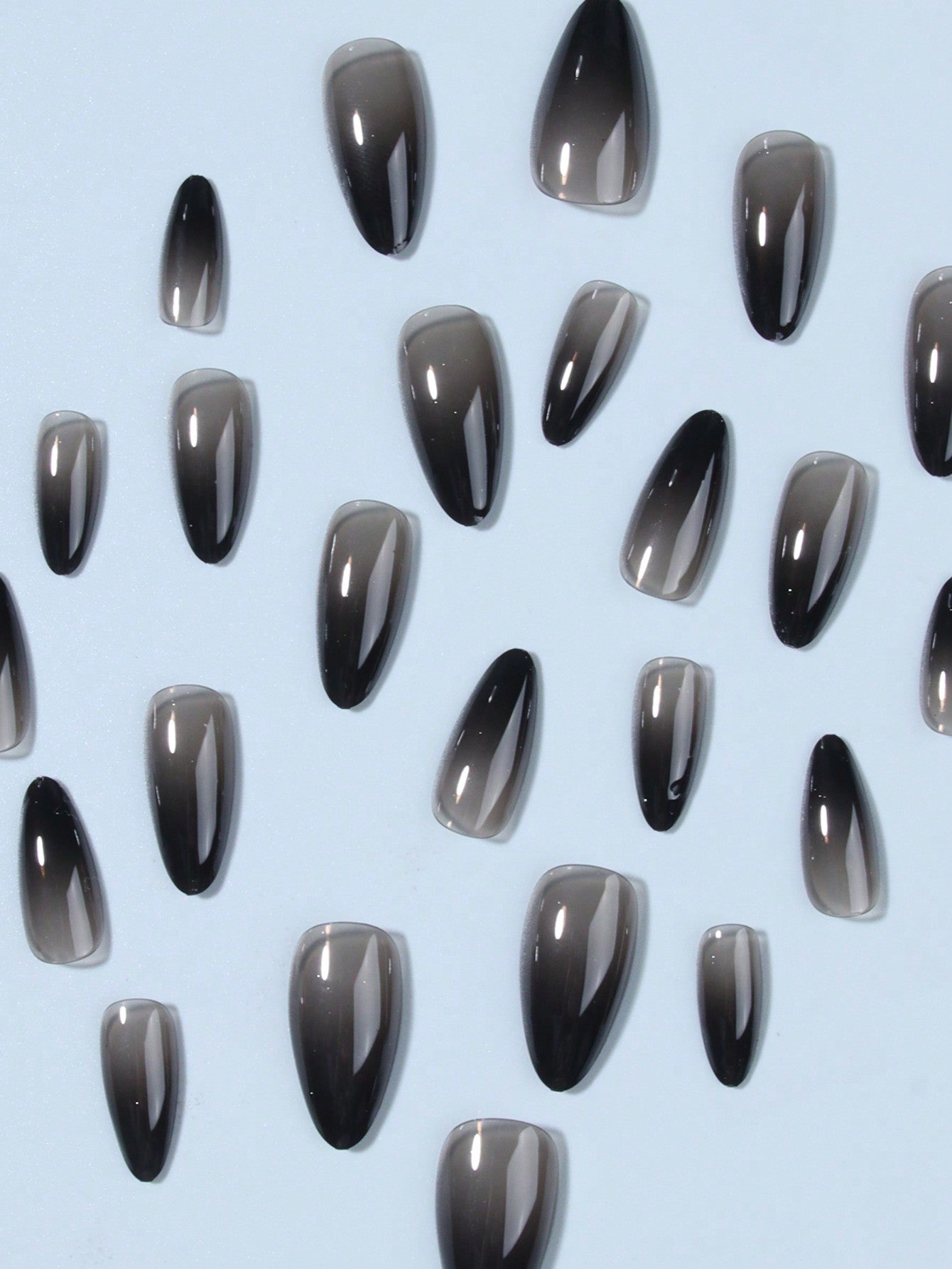 Elevate Your Style With,24Pcs Long Almond Black Gradient Translucency Design Fake Nail Set,Contain 1Pcs Jelly Glue and 1Pcs Nail File, for Daily Wear by Women and Girls