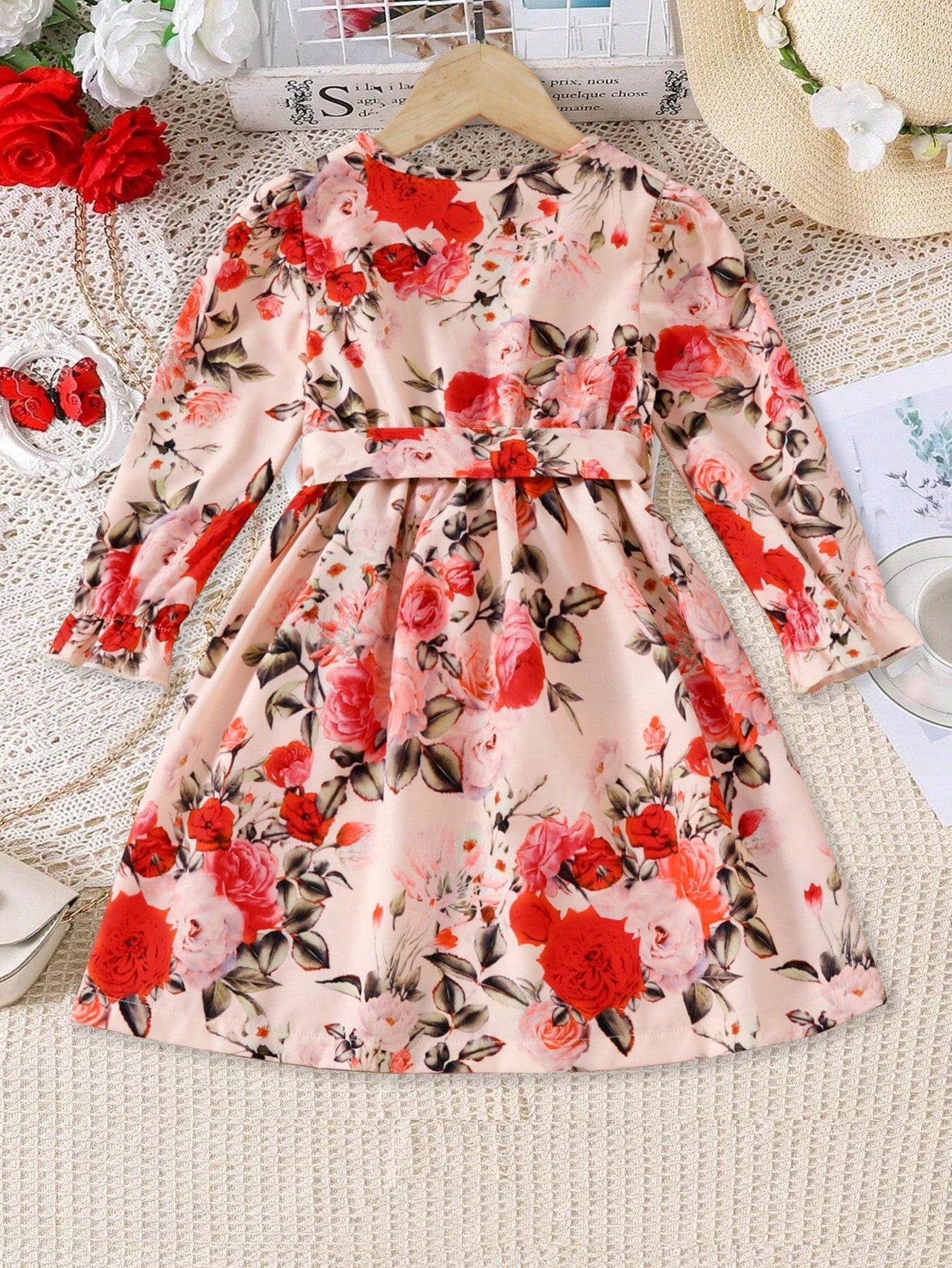 Girls' V-Neck Waist-Cinched Plant & Floral Print Romantic Holiday Style Dress