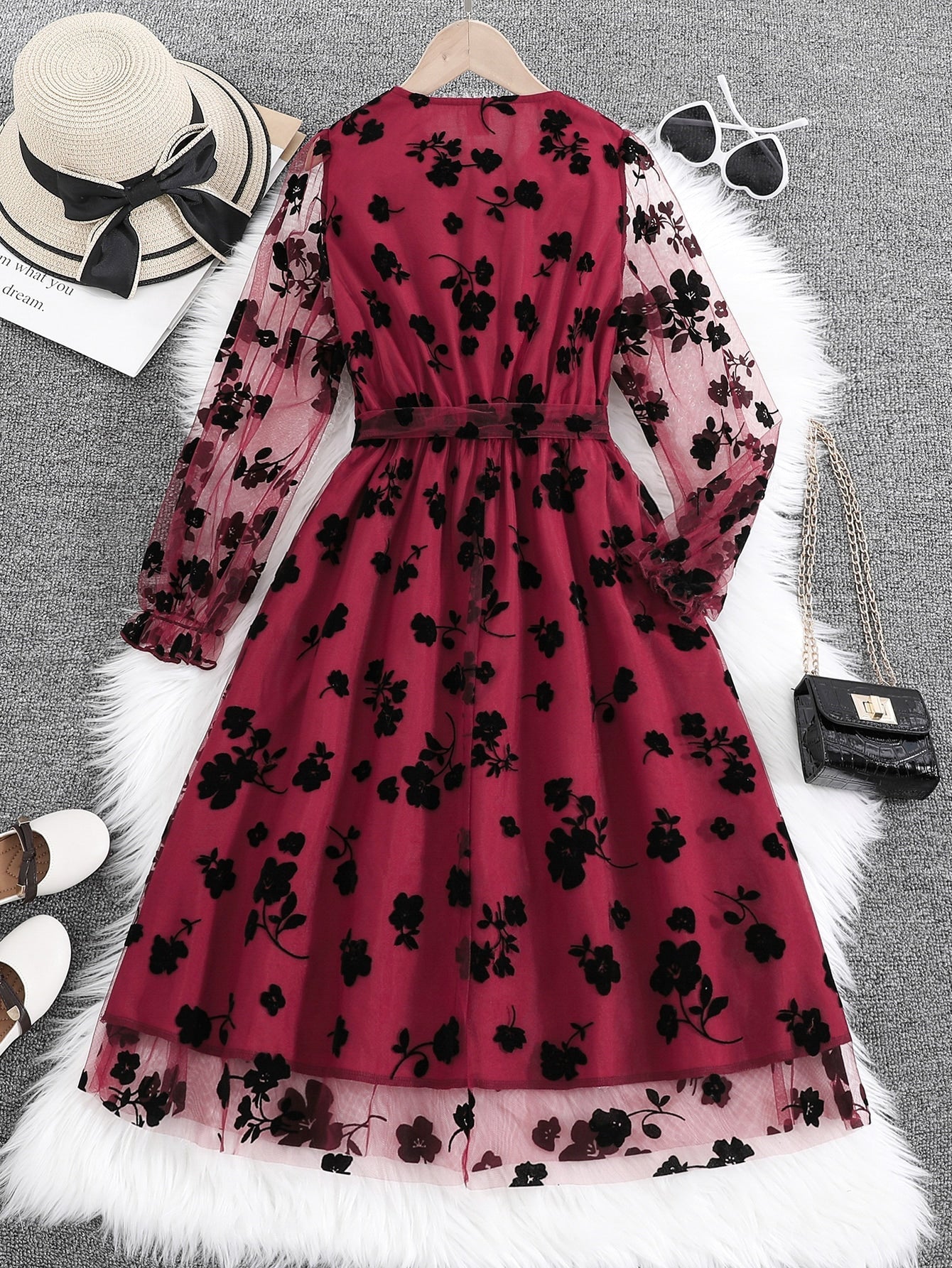 Teen Girls Floral Print Flounce Sleeve Mesh Overlap Collar Dress