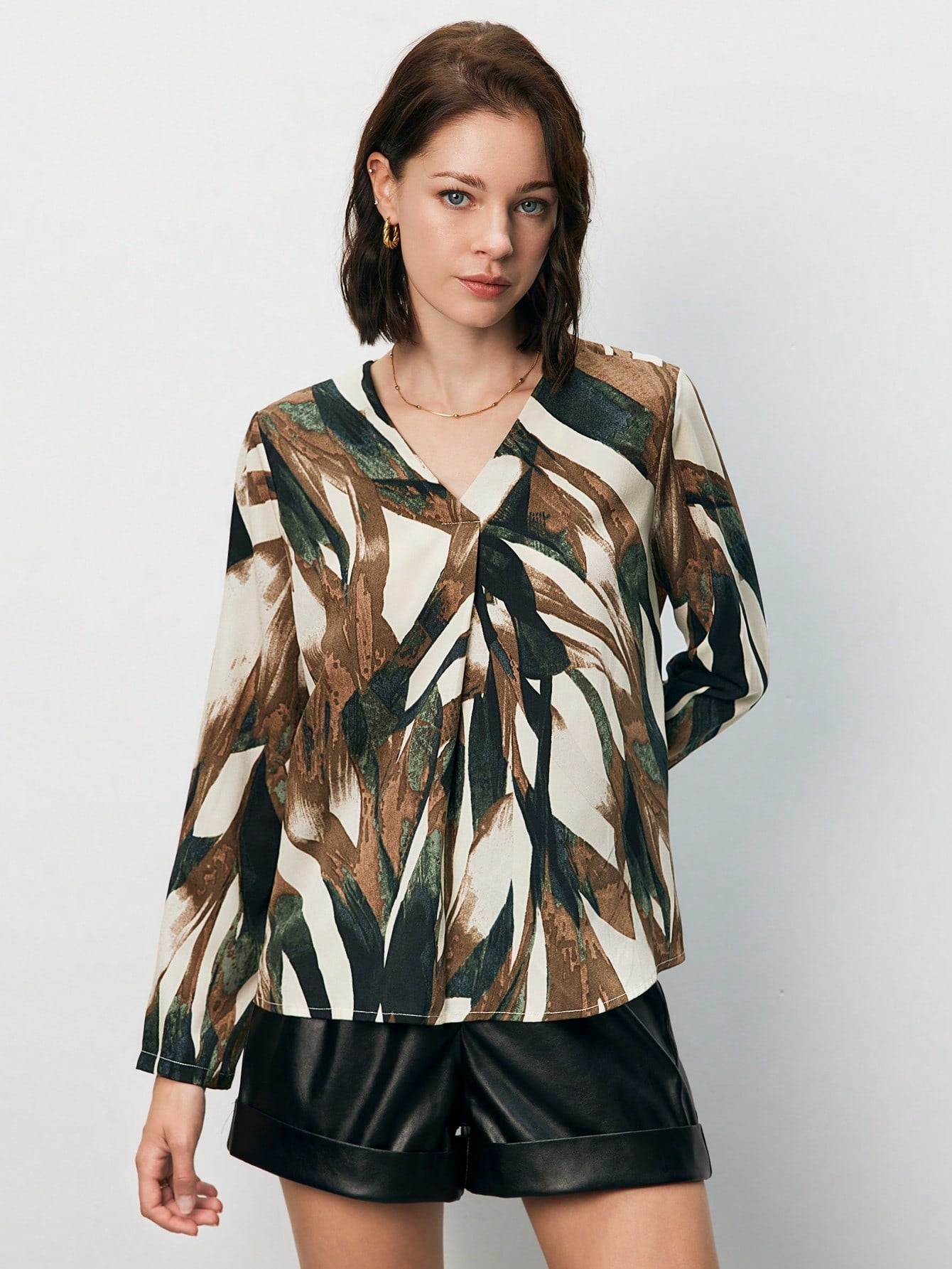 SHEIN Frenchy Brush Print V Neck Blouse