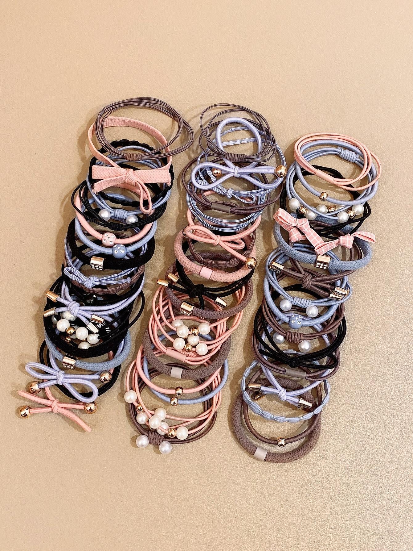 50Pcs Girls Bow & Faux Pearl Decor Fashionable Hair Tie for Daily Life
