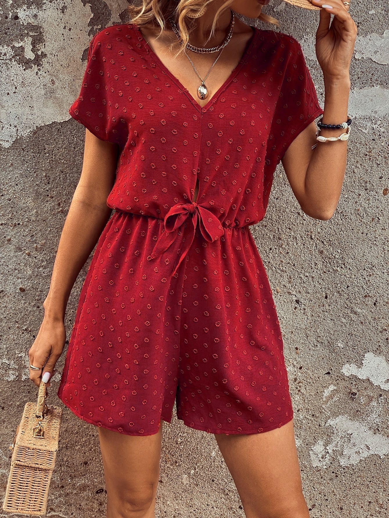 SHEIN LUNE Swiss Dot Knot Front Batwing Sleeve Romper