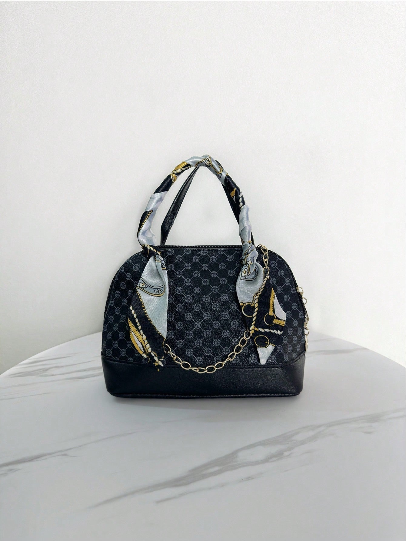 1Pc Mini Geometric Pattern Handbag with Silk Scarf, Chain and Shell Decoration, Can Be Carried by Hand or Crossbody