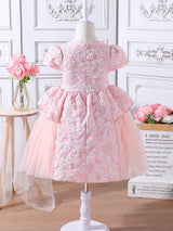SHEIN Kids CHARMNG Little Girls' Jacquard Mesh Dress with Bow Decoration on the Hem
