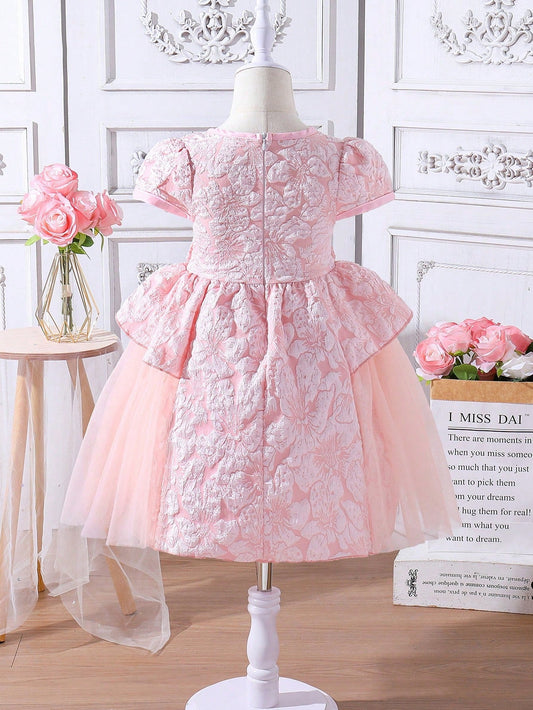 SHEIN Kids CHARMNG Little Girls' Jacquard Mesh Dress with Bow Decoration on the Hem