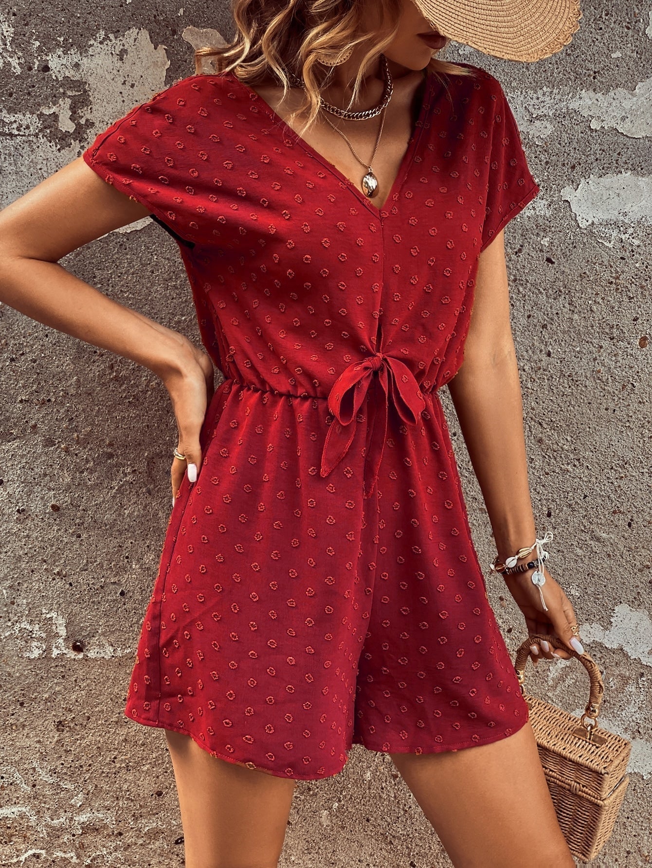 SHEIN LUNE Swiss Dot Knot Front Batwing Sleeve Romper
