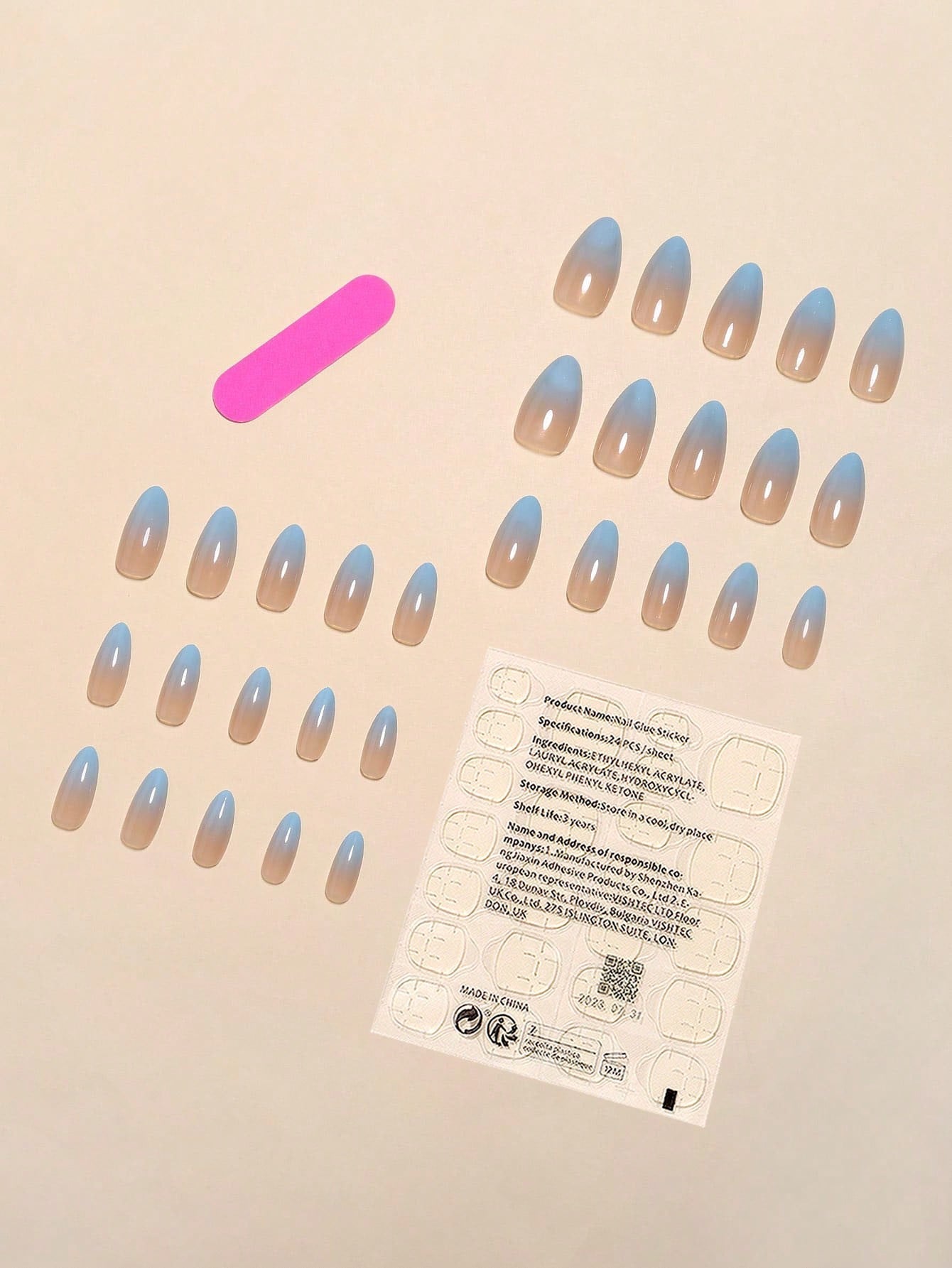 30Pcs/Set Long Pointed Sky Blue Gradient False Nails with 1Pc Nail File, 1Pc Jelly Glue