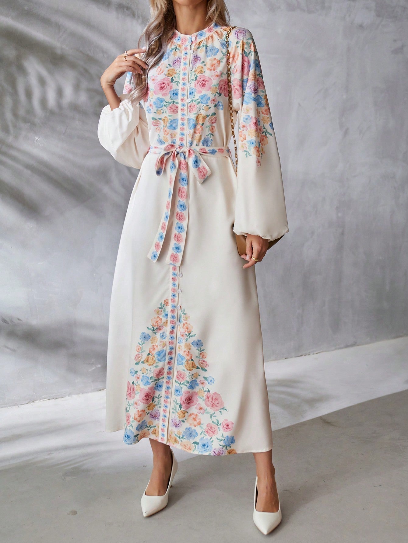 SHEIN VCAY Floral Printed Long Sleeve Belted Dress for Women