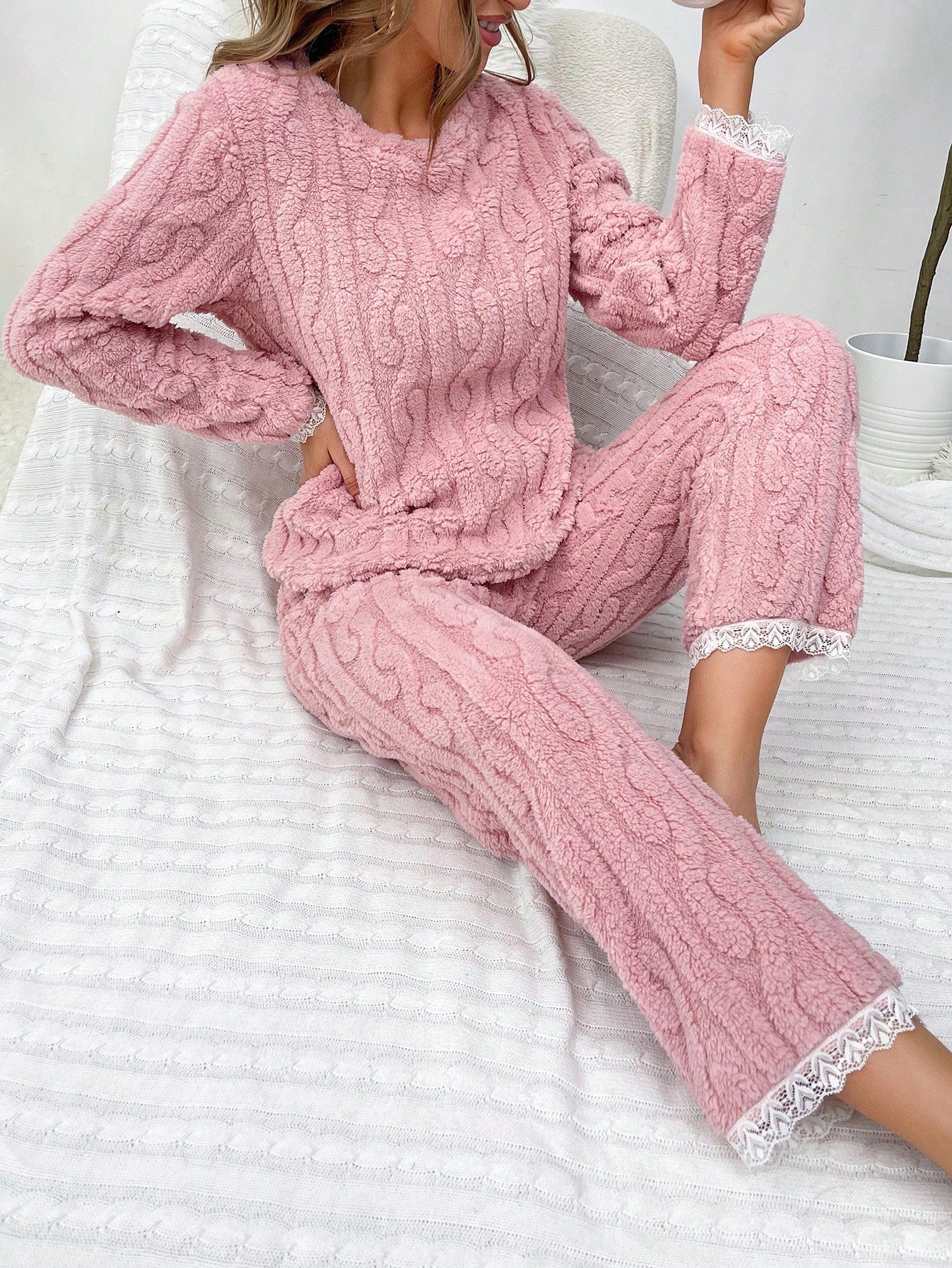 Lace Trim Flannel PJ Set