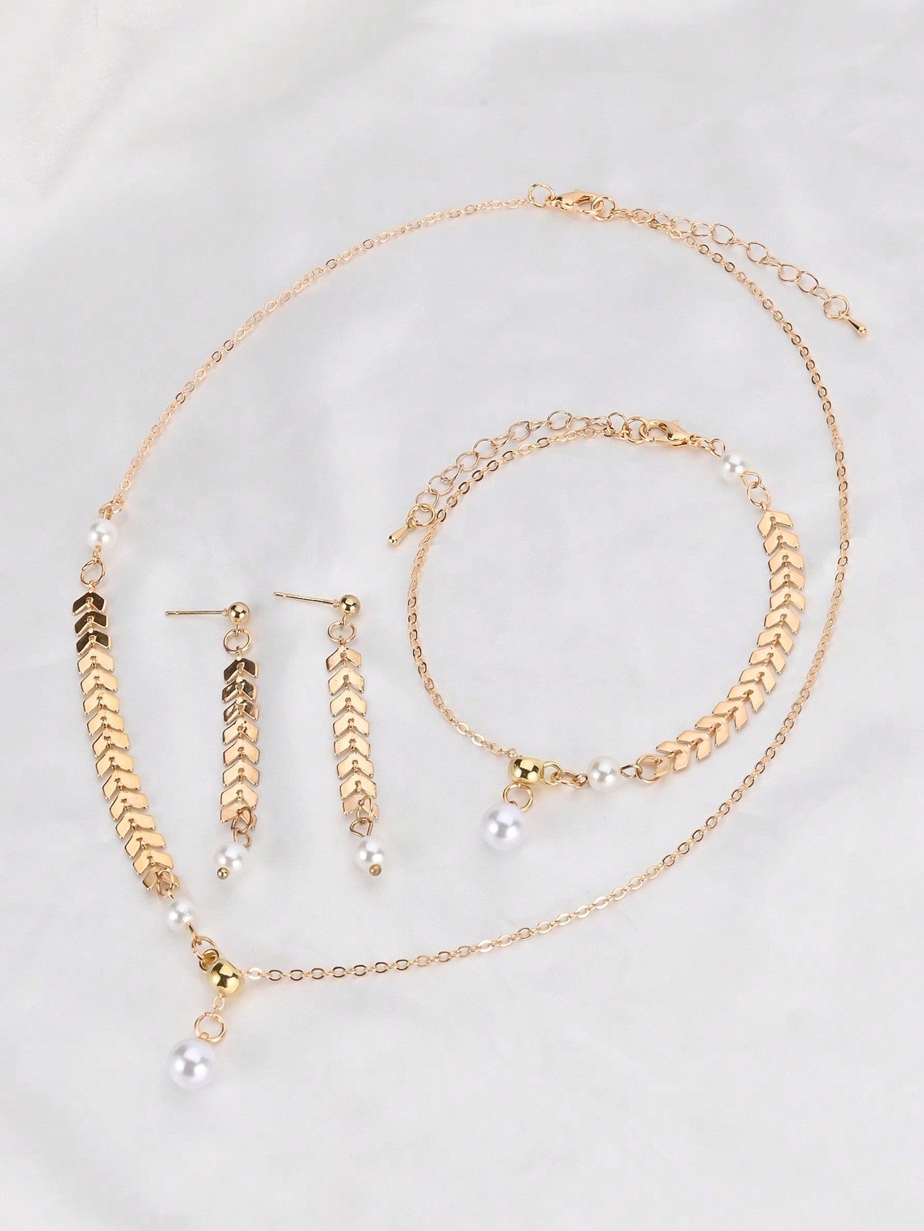 1Set Wheat Spike Shape Pearl Necklace, Bracelet and Earrings Set