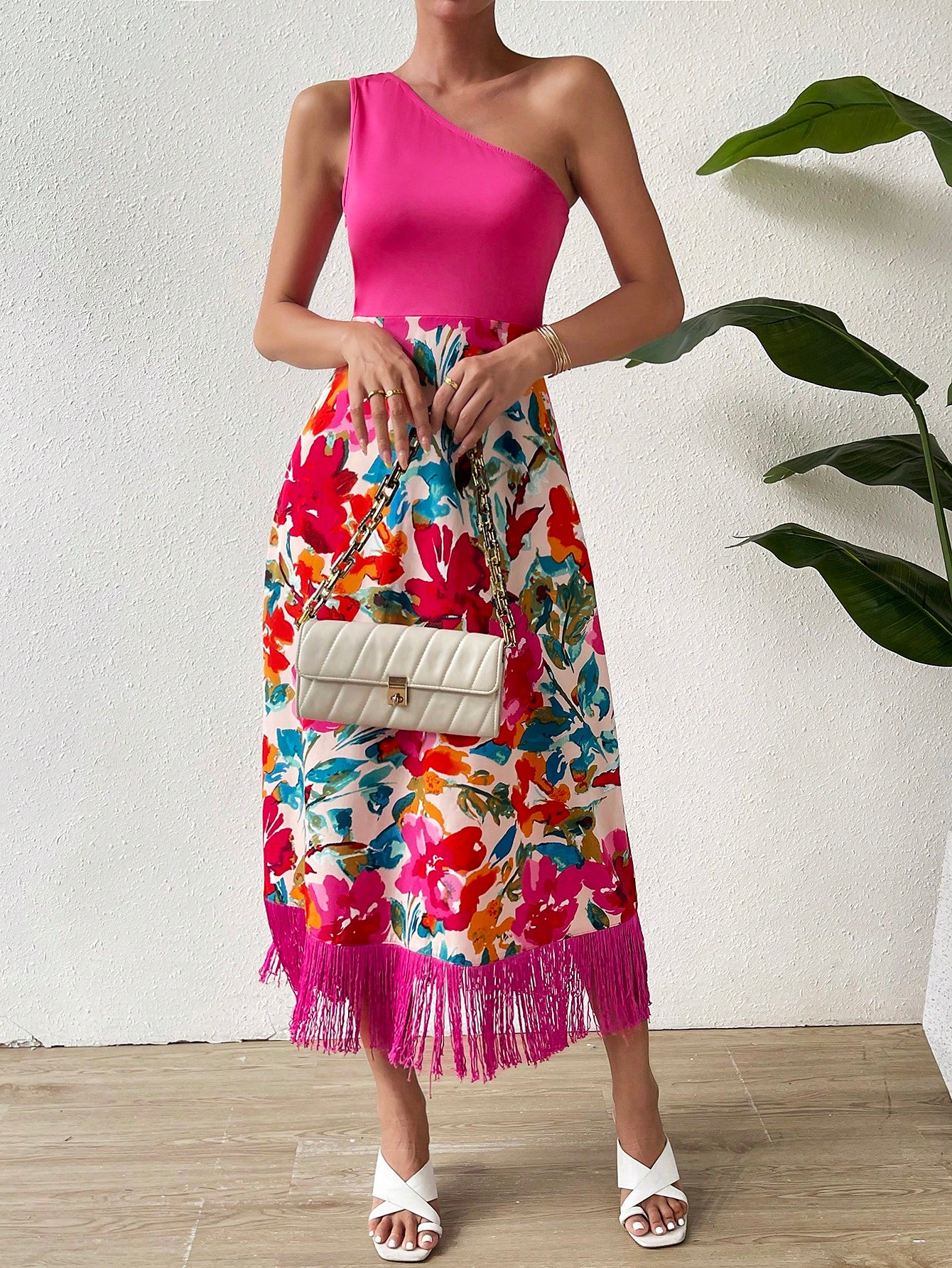 SHEIN Privé Floral Print One Shoulder Fringe Hem Dress