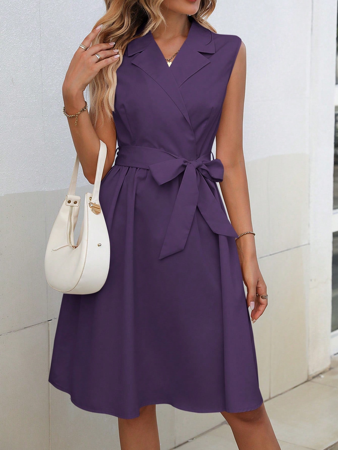Lapel Neck Belted Dress