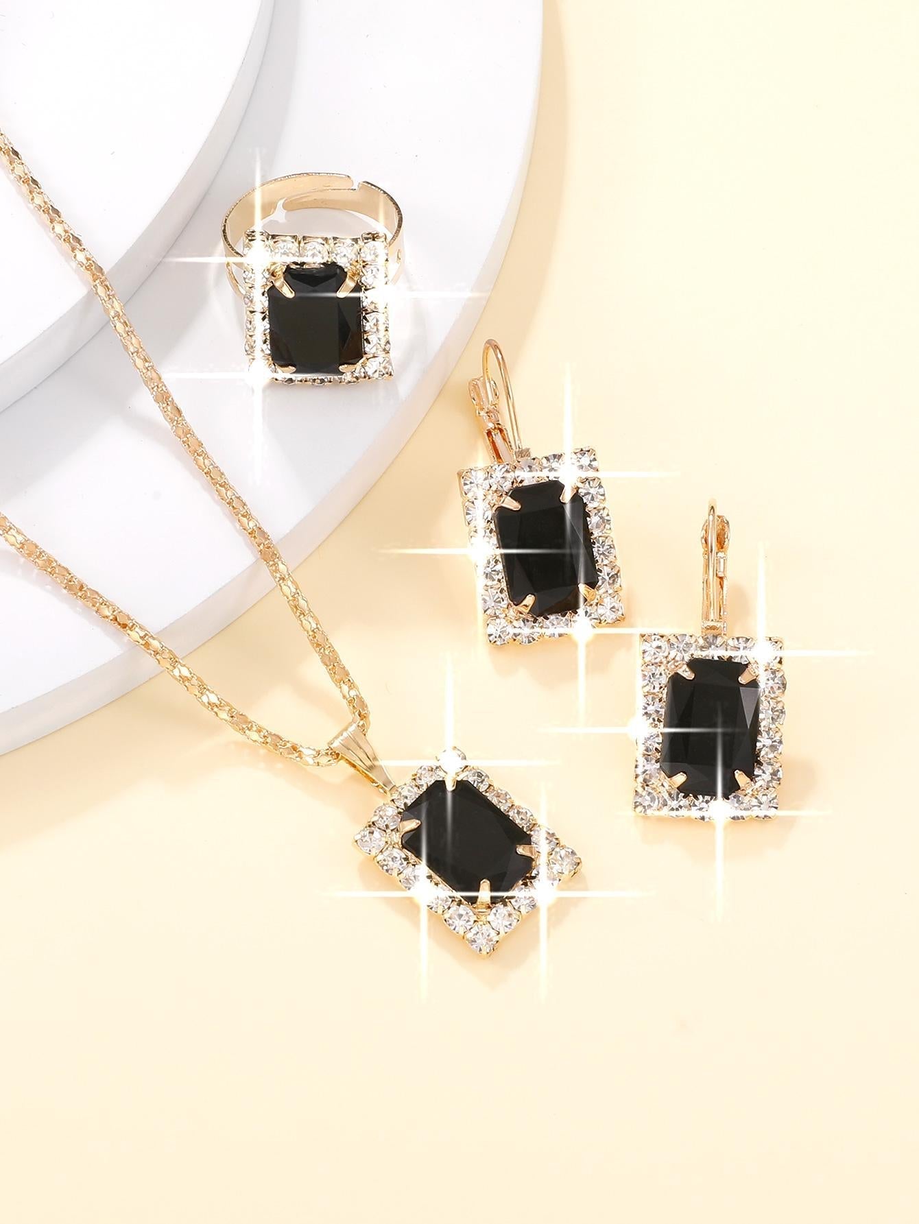 4Pcs/Set Fashionable Rhinestone Rectangle Decor Jewelry Set for Women for Gift