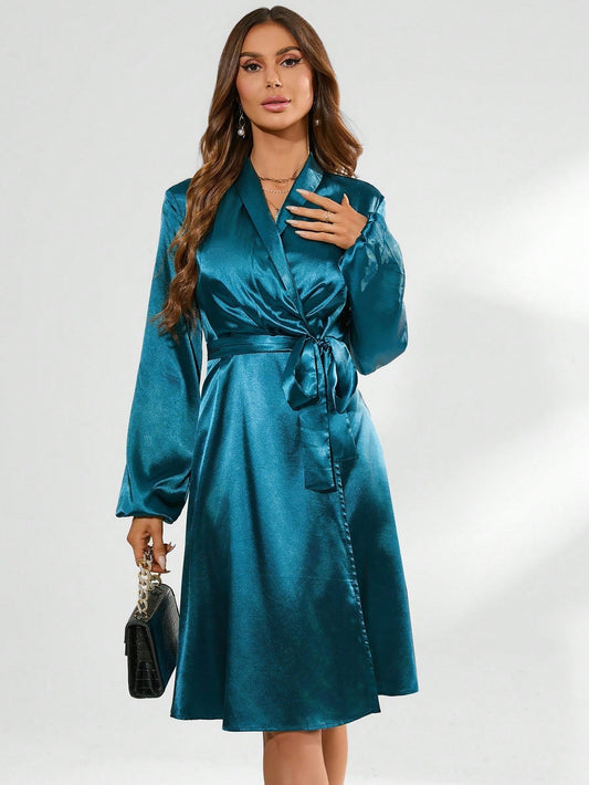 SHEIN Privé Wrap Front Lantern Sleeve Long Sleeve Dress