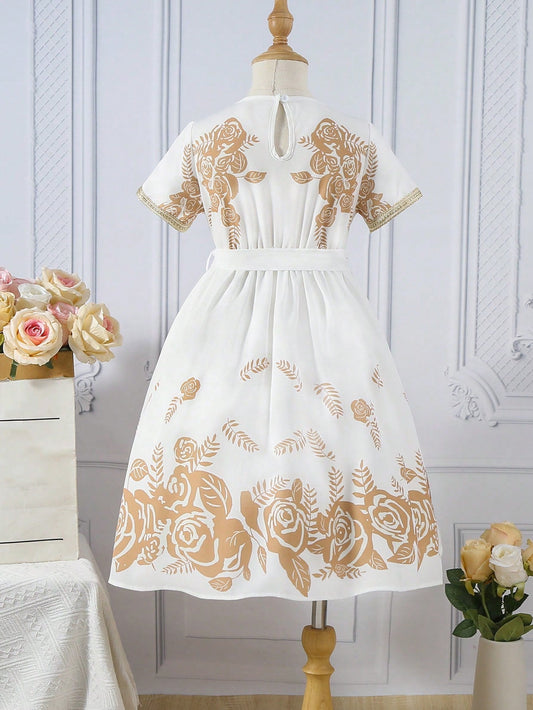 SHEIN Kids FANZEY Young Girl'S Floral Printed Patchwork Tape Short Sleeve Dress