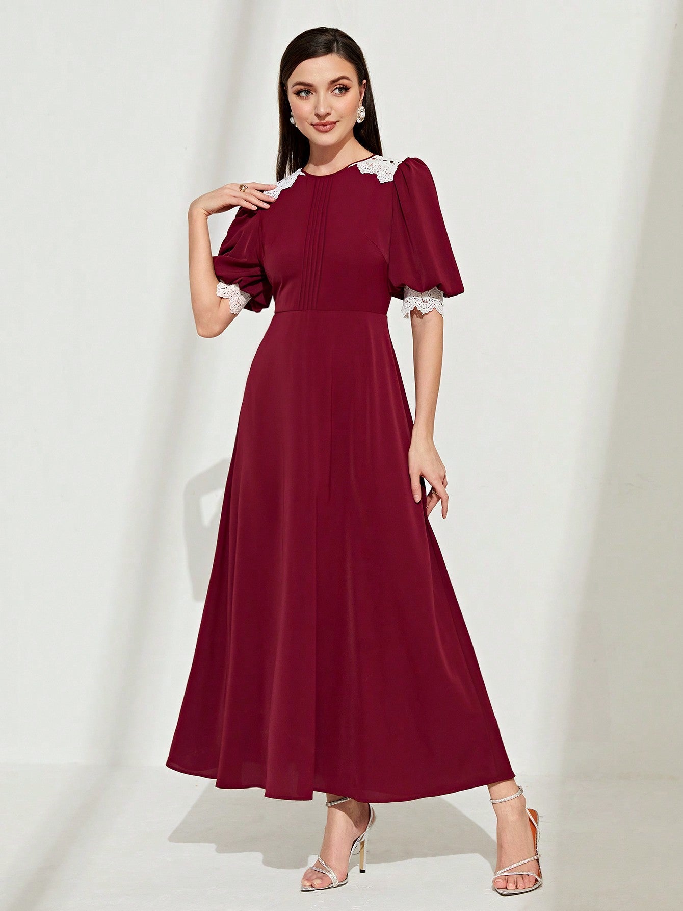 SHEIN Modely Contrast Lace Puff Sleeve A-Line Dress