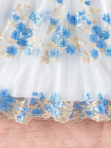 SHEIN Kids Nujoom Young Girls' Sweet Floral Embroidery Romantic Mesh Princess Dress