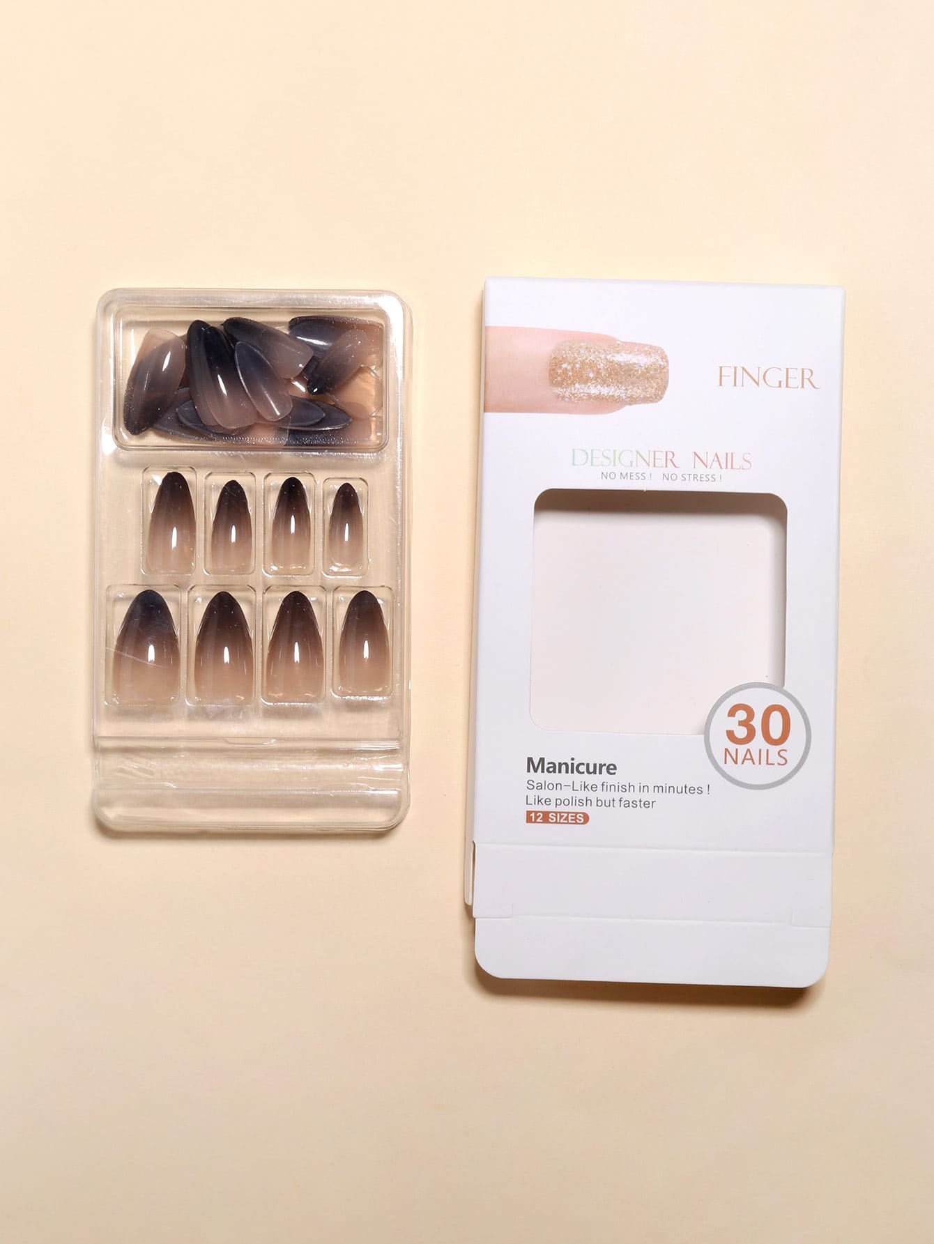 30Pcs Long Pointed Black Gradient Color False Nail Tips + 1Pc Buffer Block + 1Pc Jelly Gel
