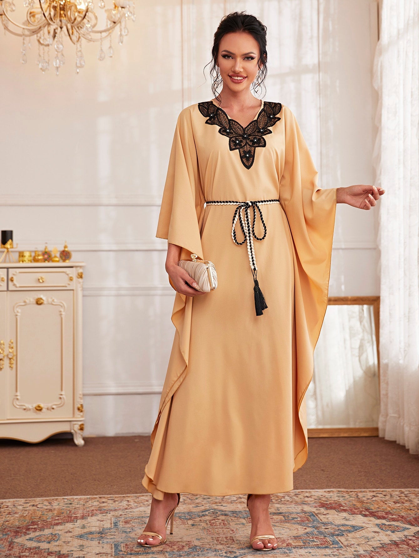 SHEIN Najma Contrast Lace Belted Kaftan Dress