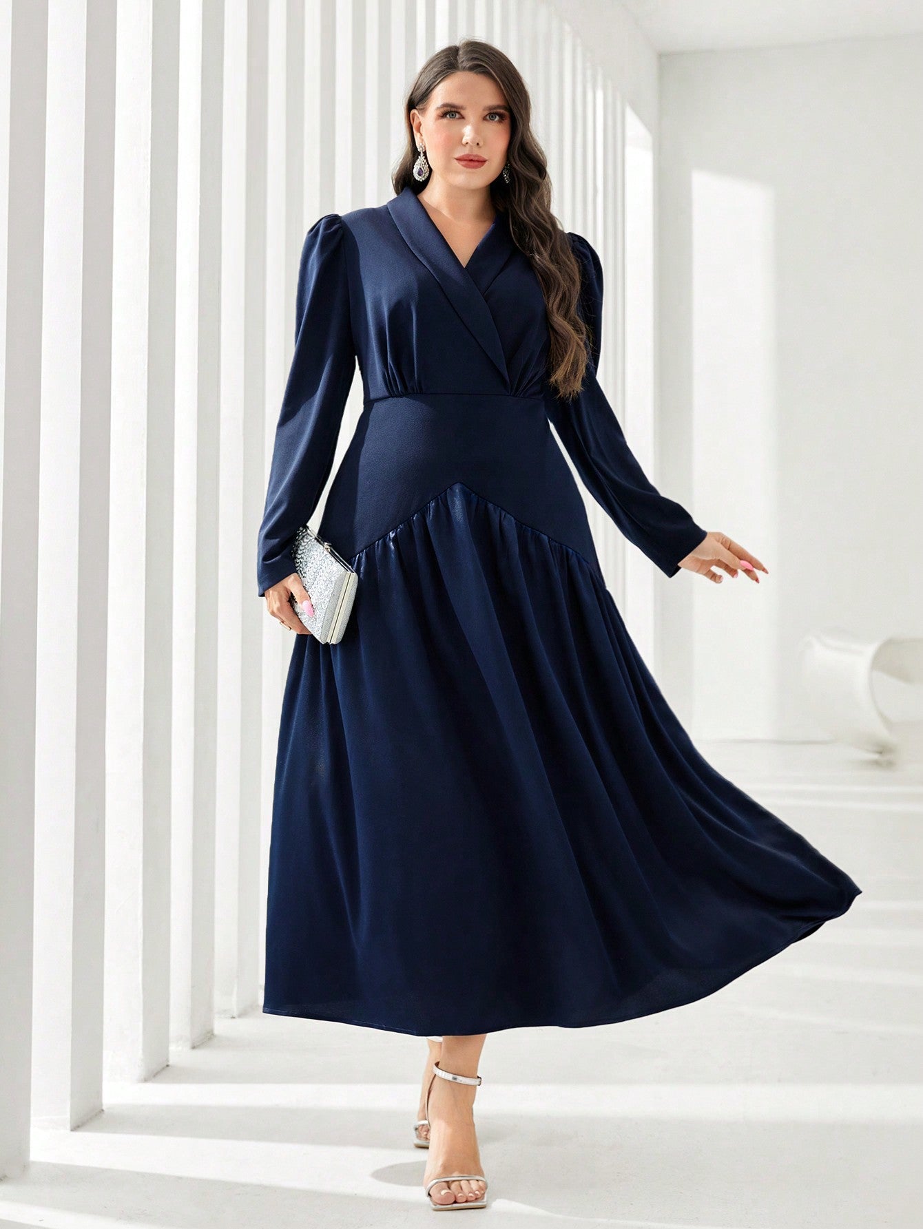 SHEIN Modely plus Shawl Collar Puff Sleeve Flare Hem Dress