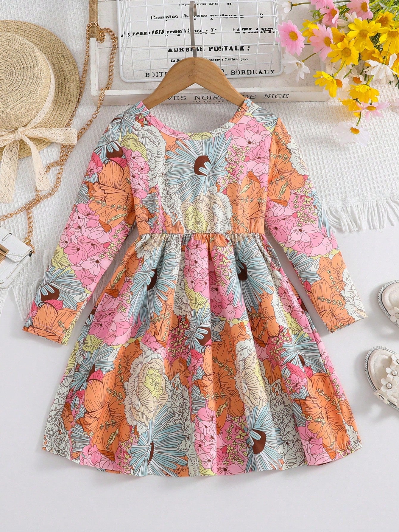 Young Girls' Casual Flower Printed Long Sleeve Dress for Spring and Autumn