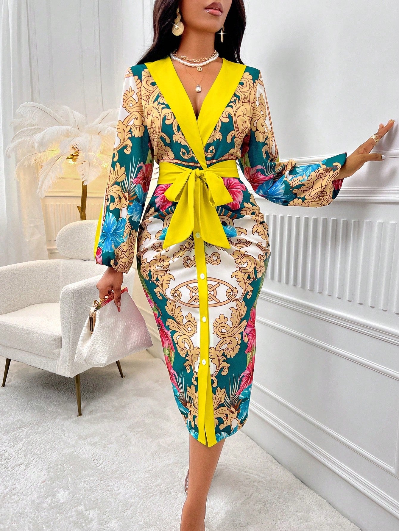 SHEIN Slayr Women'S Lantern Sleeve Floral Printed Dress
