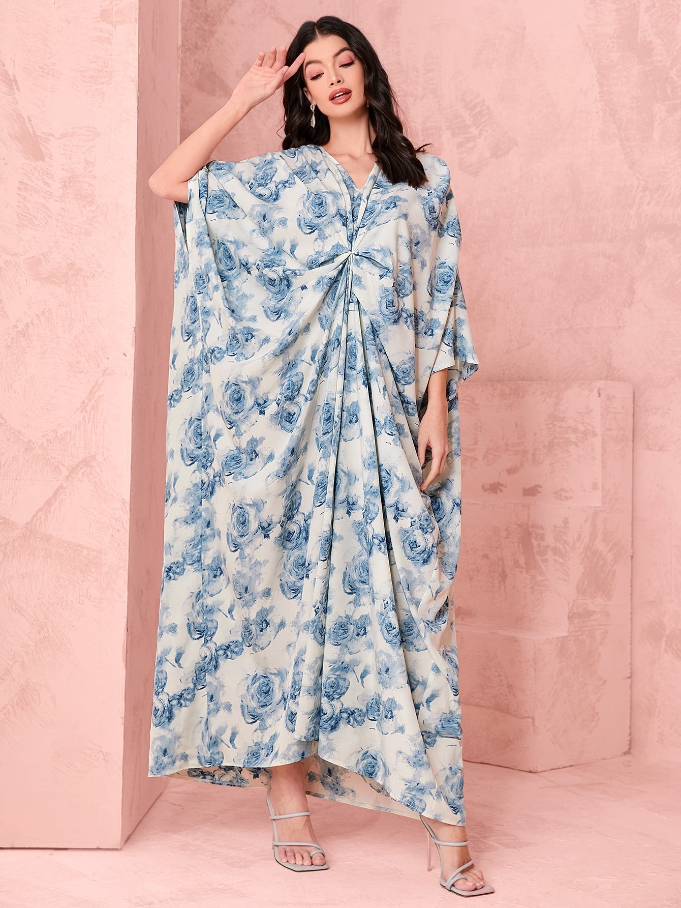 SHEIN Najma Allover Floral Print Batwing Sleeve Ruched Front Kaftan