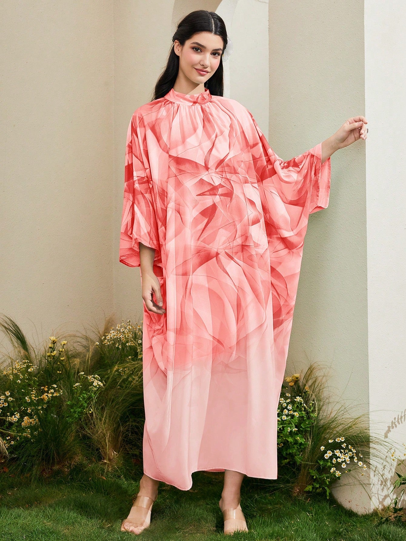 SHEIN Najma Turkish Style Stand Collar Batwing Sleeve Long Shirt