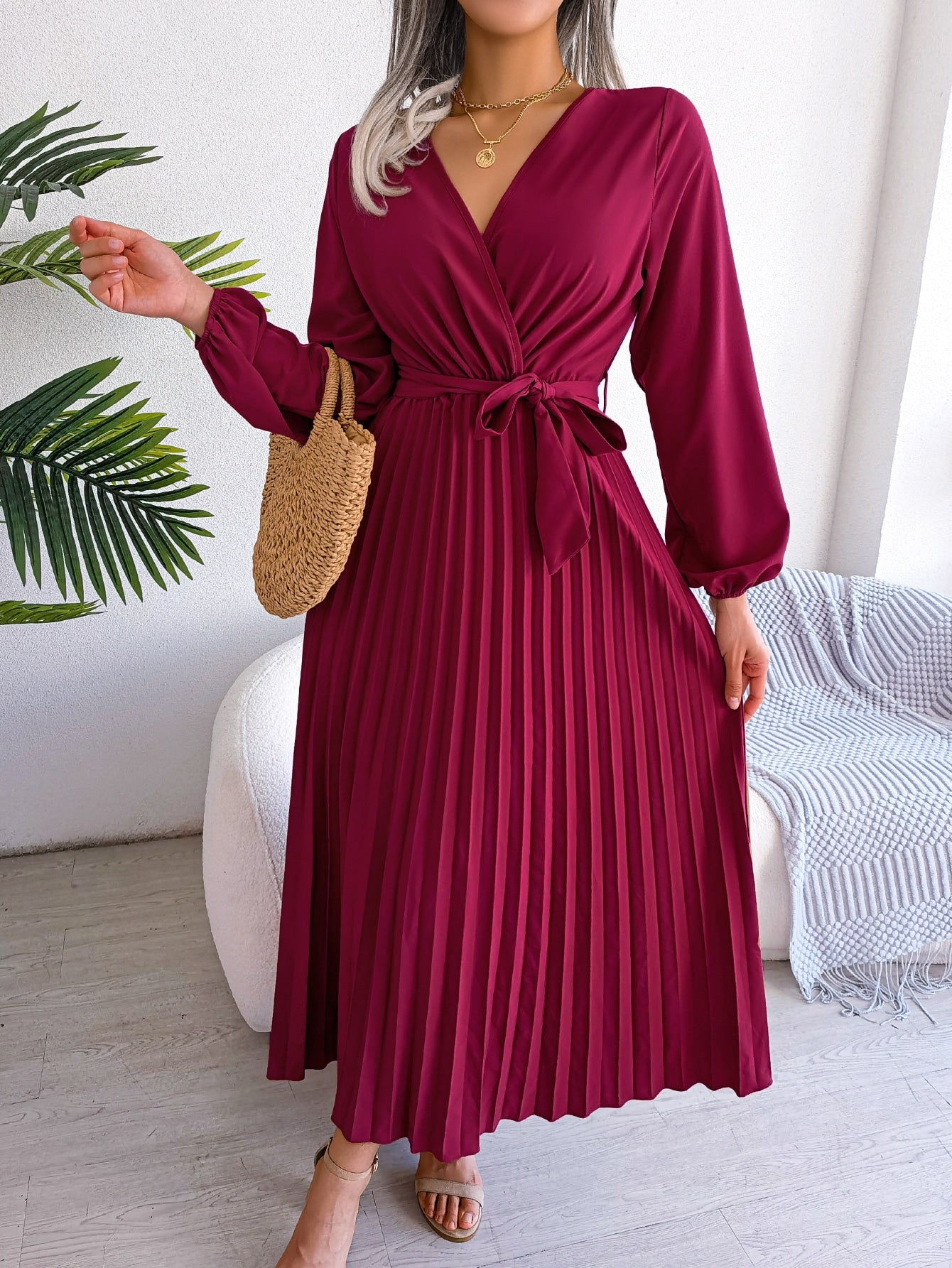 Surplice Neck Lantern Sleeve Pleated Hem Belted Dress
