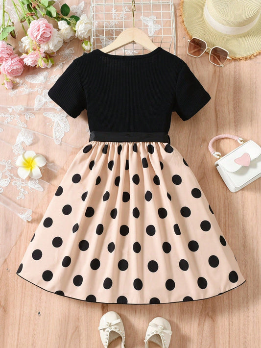 SHEIN Kids FANZEY Tween Girl Polka Dot Print Ruffle Trim Belted Dress