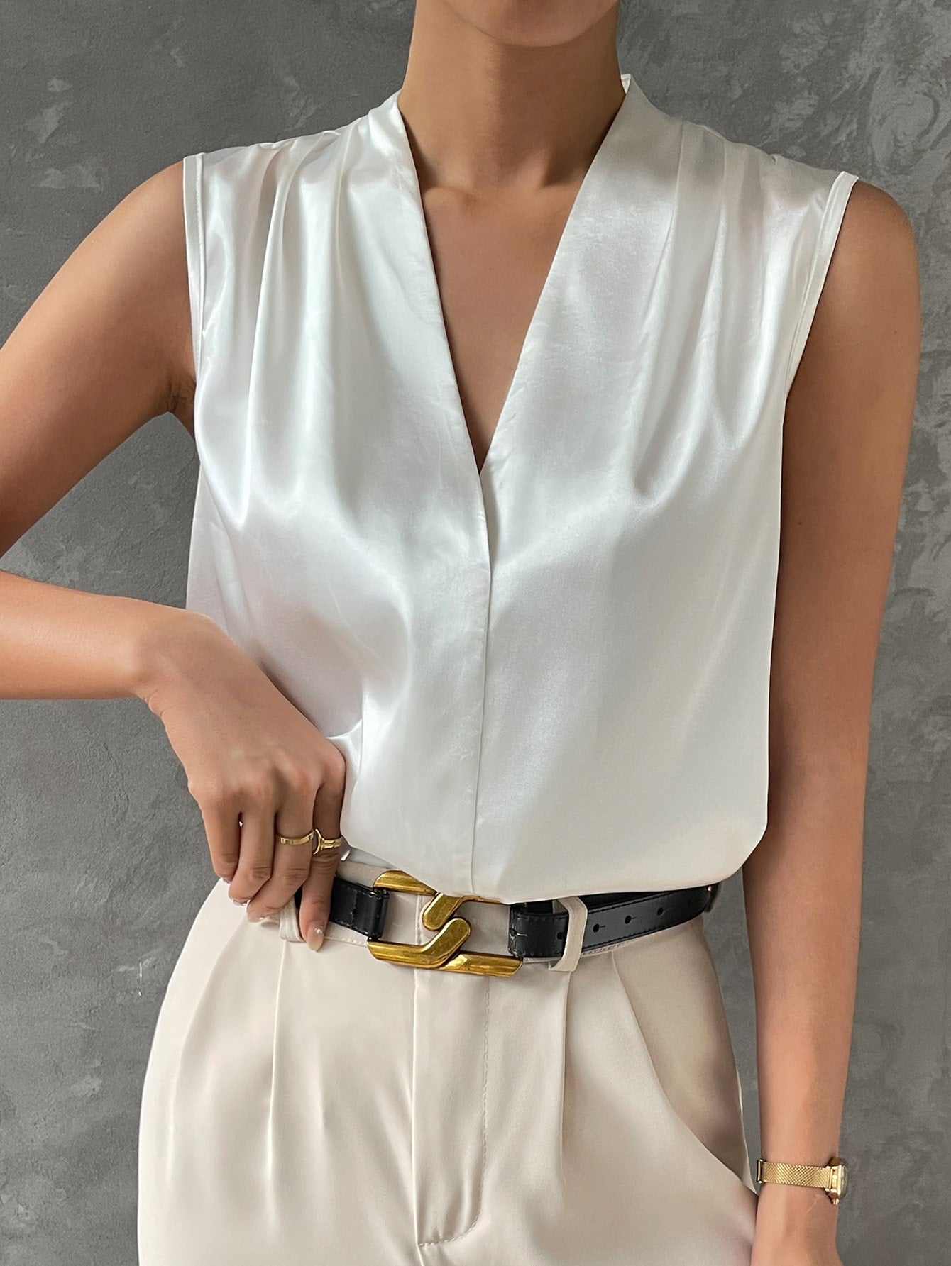 SHEIN Bizwear V Neck Sleeveless Satin Blouse Workwear