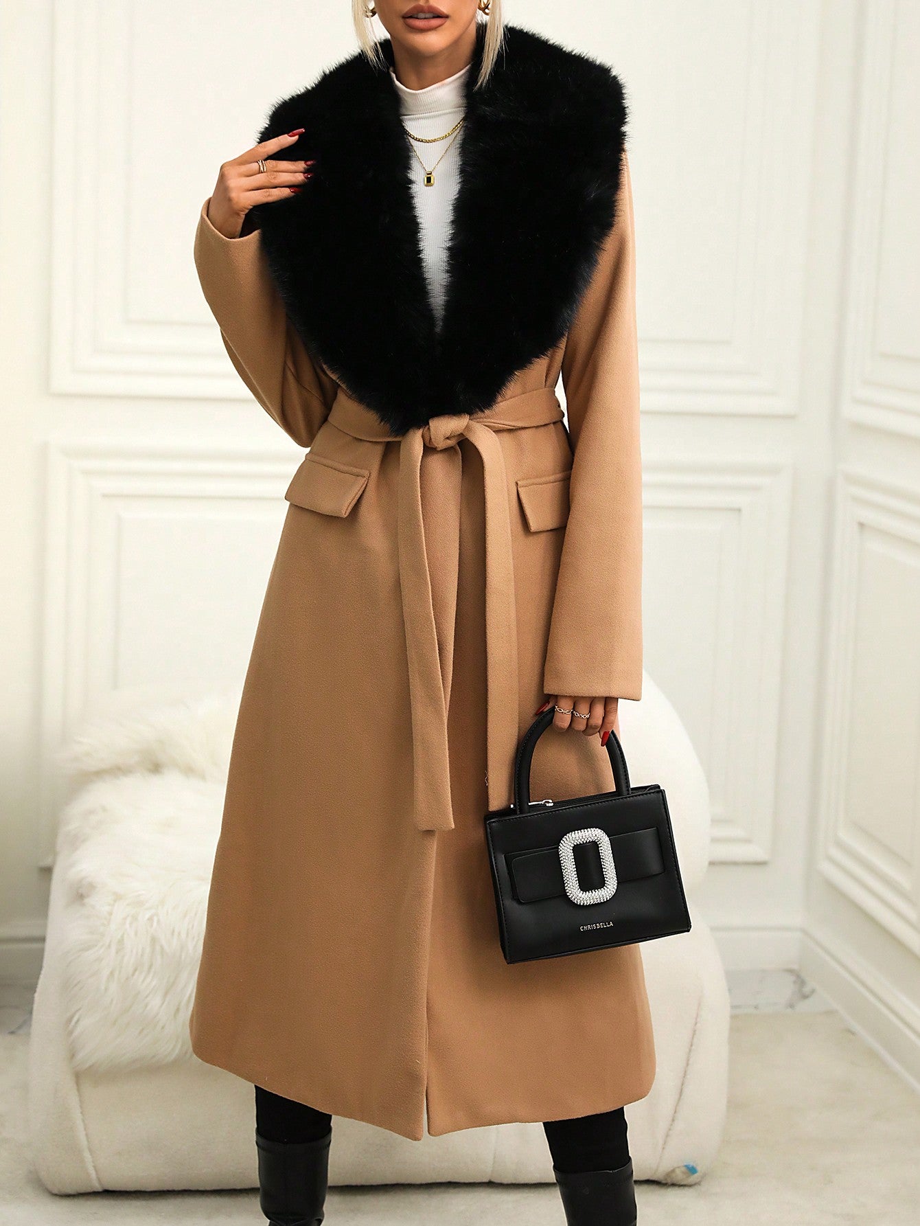 SHEIN Privé Fuzzy Collar Flap Detail Belted Overcoat