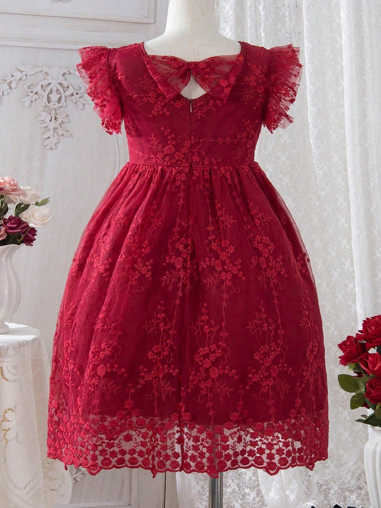 SHEIN Kids CHARMNG Young Girl Bow Front Lace Overlay Dress