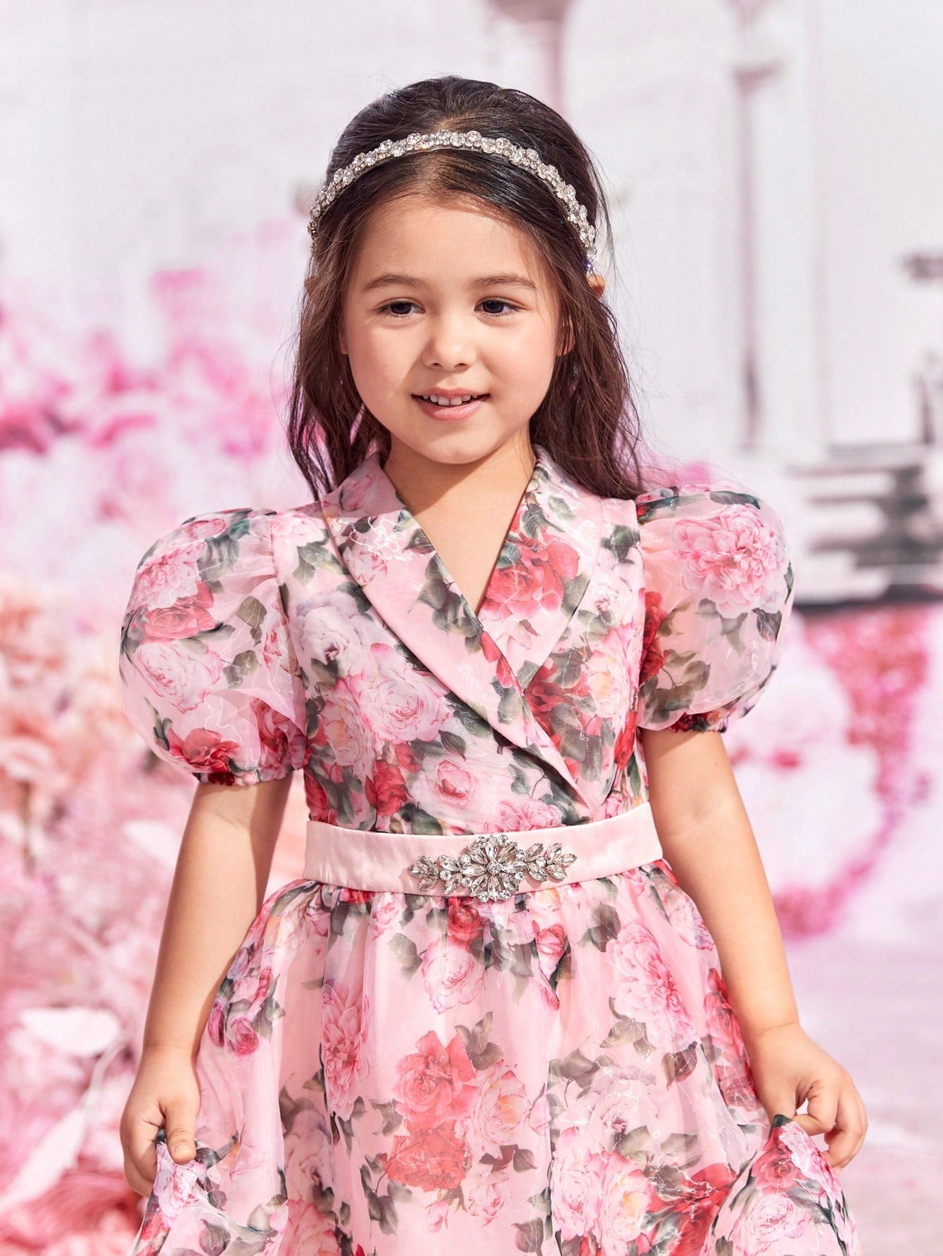 SHEIN Young Girls 1Pc Floral Print Puff Sleeve Party Dress