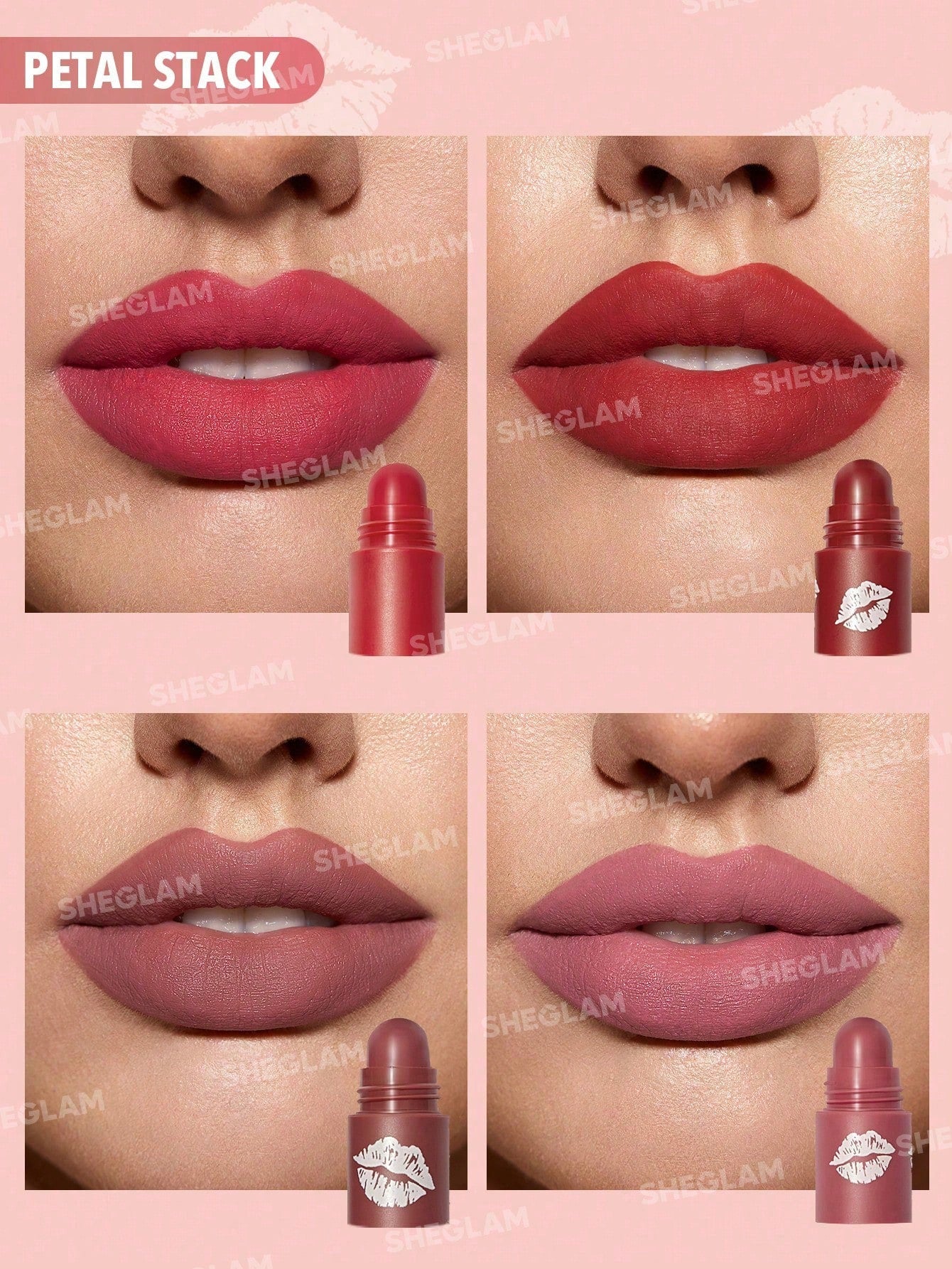 SHEGLAM Mega Lip Stacks-Pink-Petal Stack 4 in 1 Creamy-Matte Red Lipstick Kit High Pigment Non-Drying Portable Travel Lipstick Lip Makeup Hot Pink Black Friday Lipstick