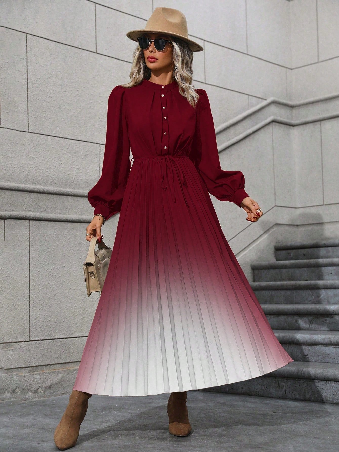 Gradient Color Pleated Lantern Sleeve Dress