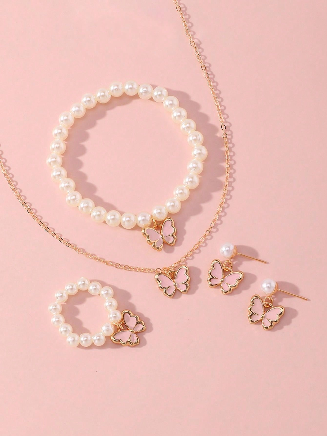 5Pcs/Set Butterfly & Pearl Decor Necklace, Bracelet, Earrings and Ring Set