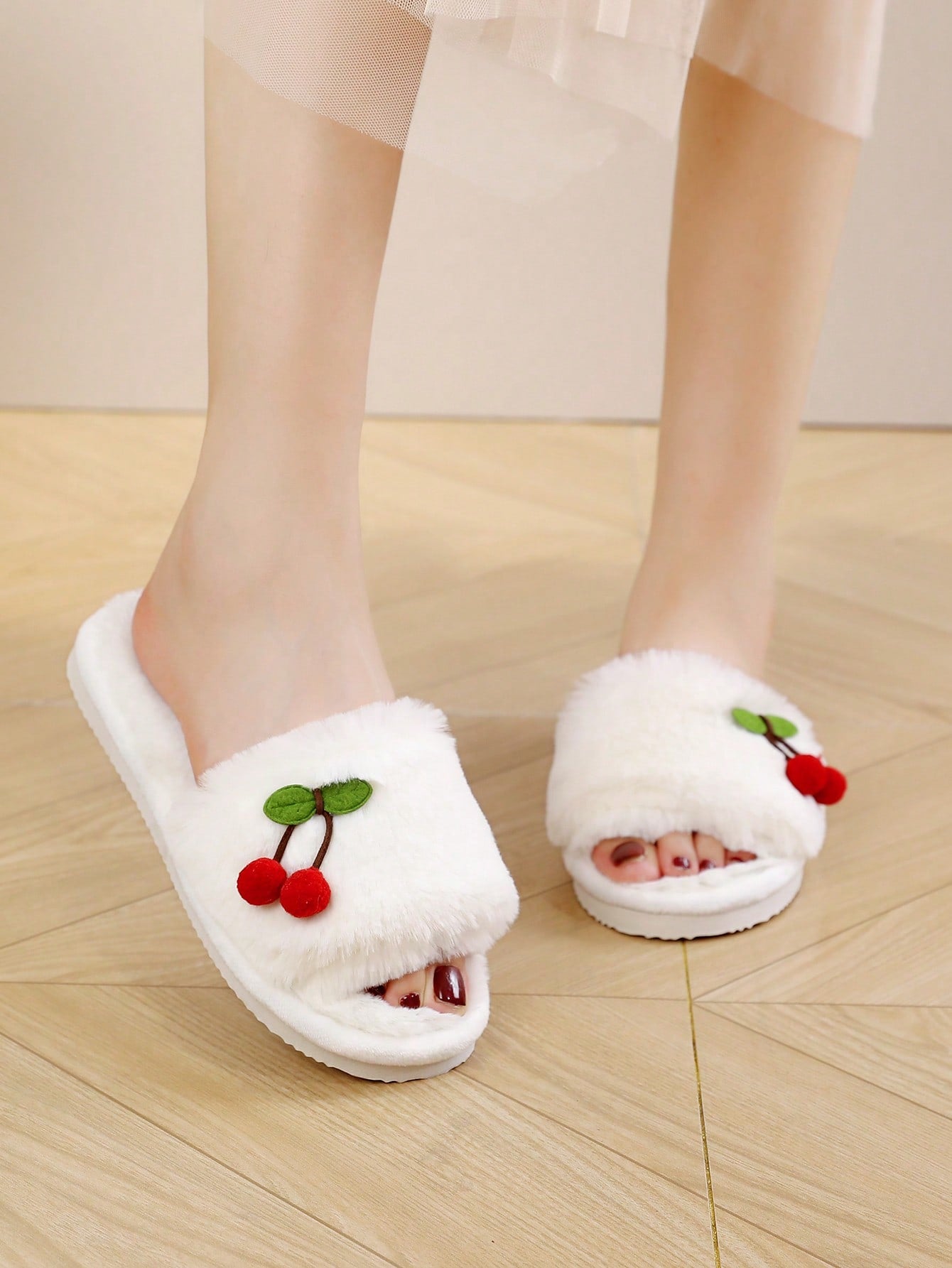 Plush Cherry Embellished White Open Toe Bedroom Slipper