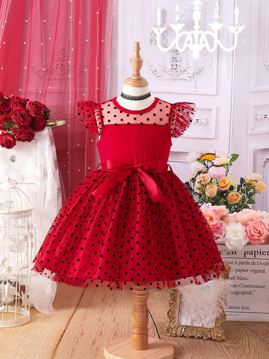 SHEIN Kids EVRYDAY Little Girls' Polka Dot Mesh Flying Sleeve Dress with Belt for Spring