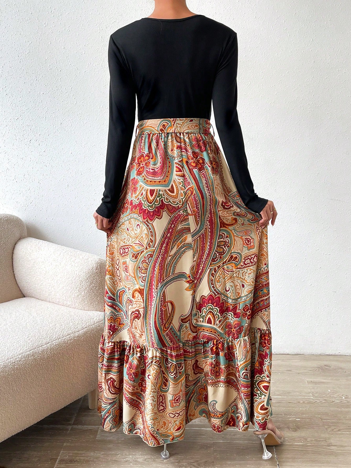 SHEIN VCAY Paisley Print Ruffle Hem Belted Dress