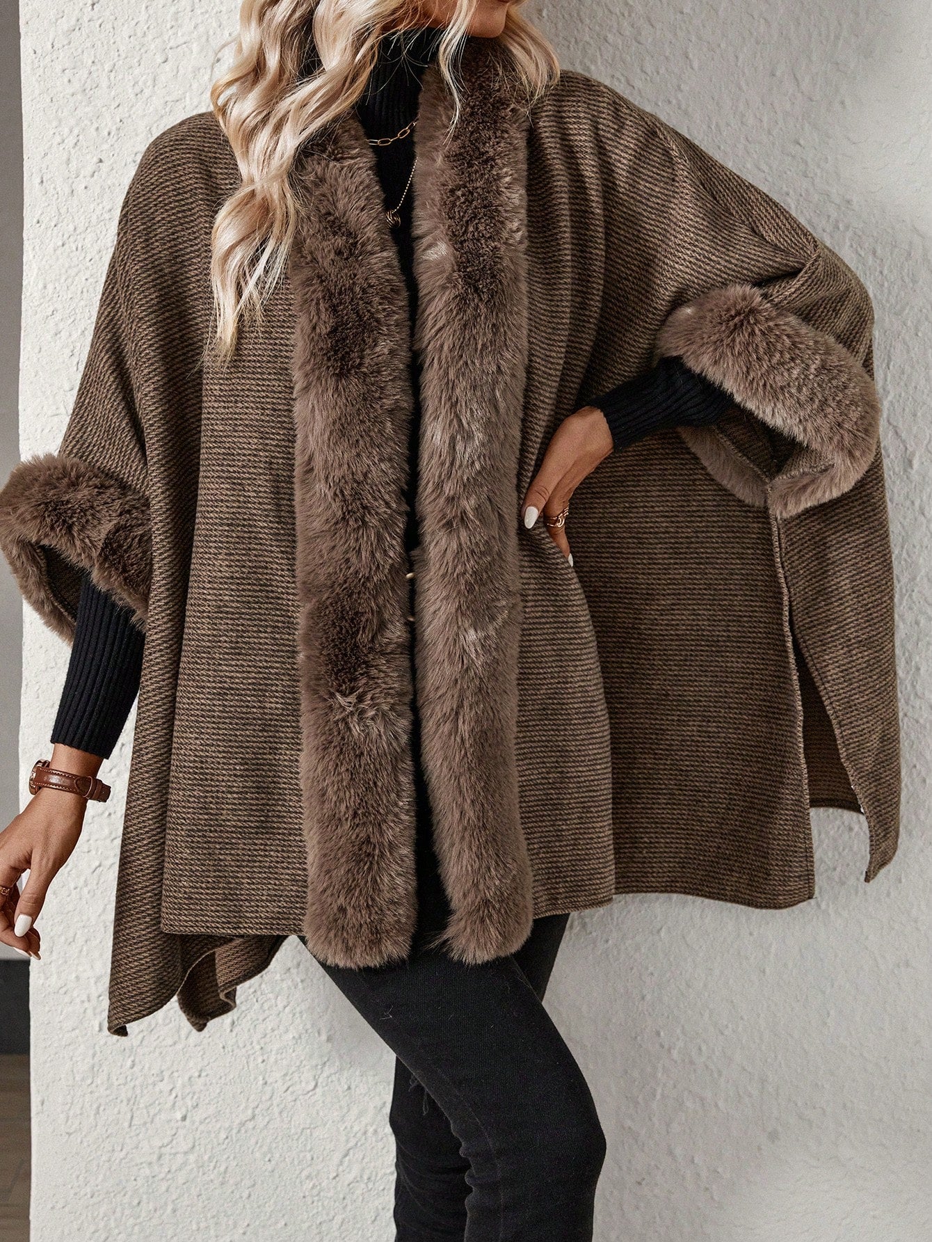 SHEIN Essnce Fuzzy Trim Batwing Sleeve Cape Cardigan