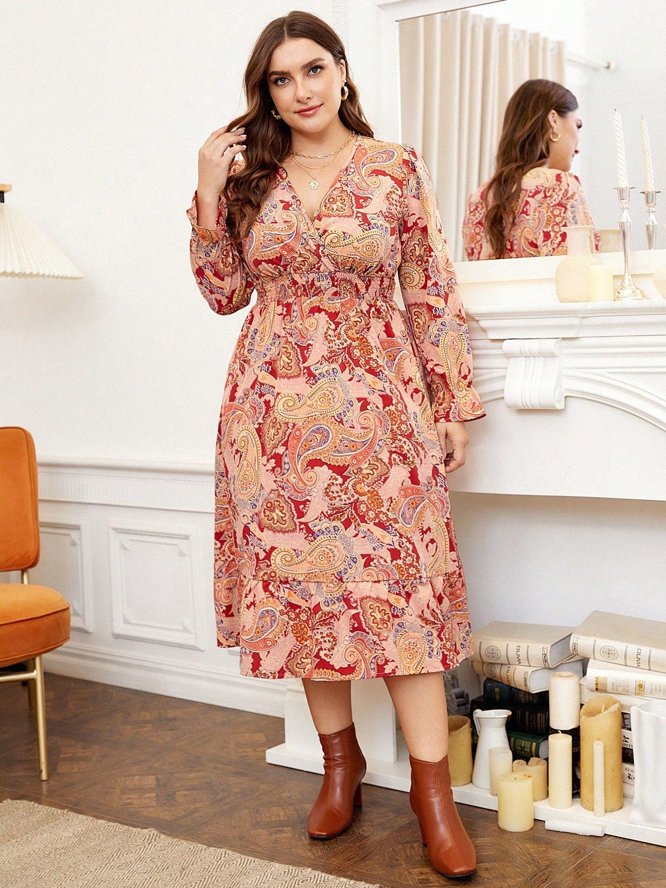 SHEIN Frenchy plus Paisley Print Flounce Sleeve Ruffle Hem Dress